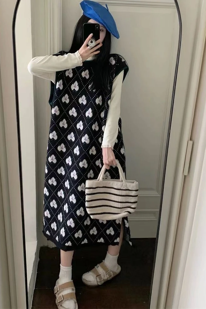 

Spring and Autumn New Women's Knitted Vest Dress Loose Splicing Printed Dress