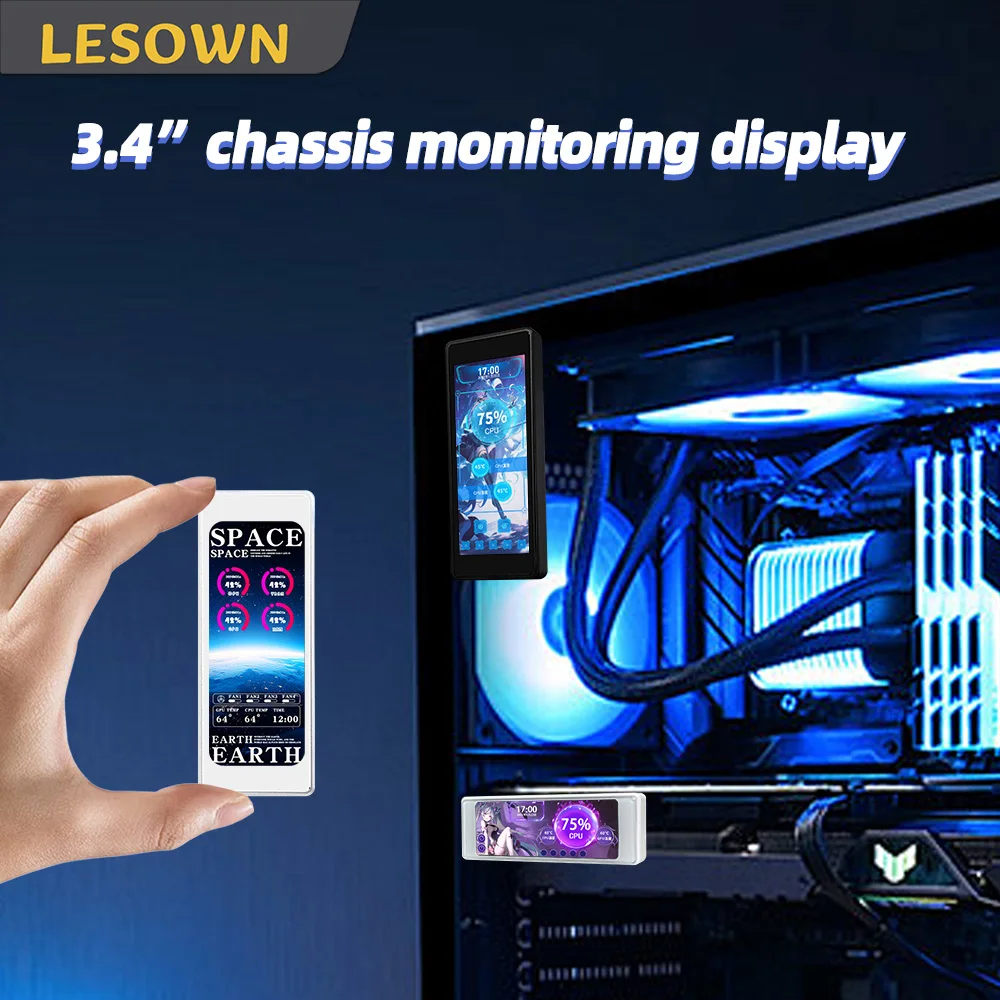 

LESOWN 3.4 Inch 376x960 LCD Computer Case Secondary Screen IPS USB Mini Screen Dynamic Theme Supported for Laptop ARGB Case