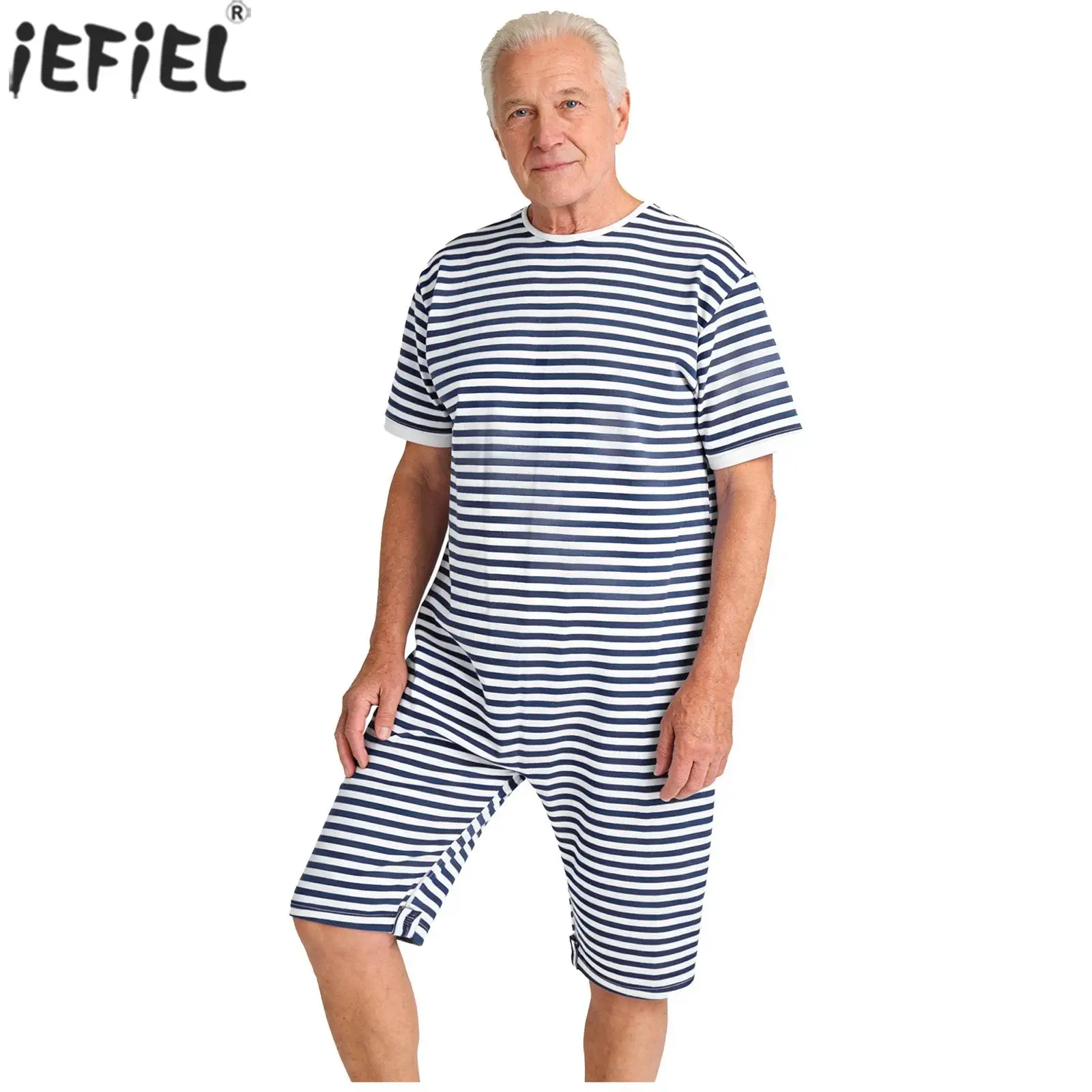 

Adults Anti-strip Jumpsuit Short Sleeve Short Legs Striped Bodysuit Adaptive Caring Nursing Clothes for Elderly Special Needs