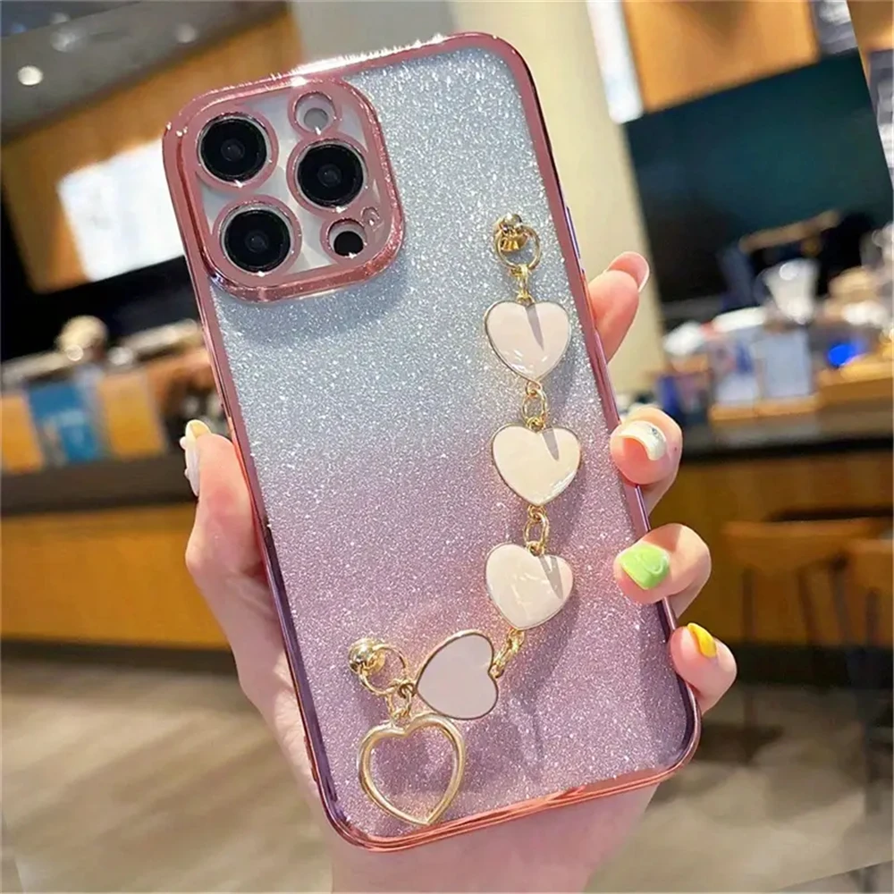 Redmi13C Love Heart Bracelet Glitter Case For Xiaomi Redmi 13C 4G 12C 12 10 9 10A 10C 9A 9C A3 A1 A2 Plus Silicone Chain Cover