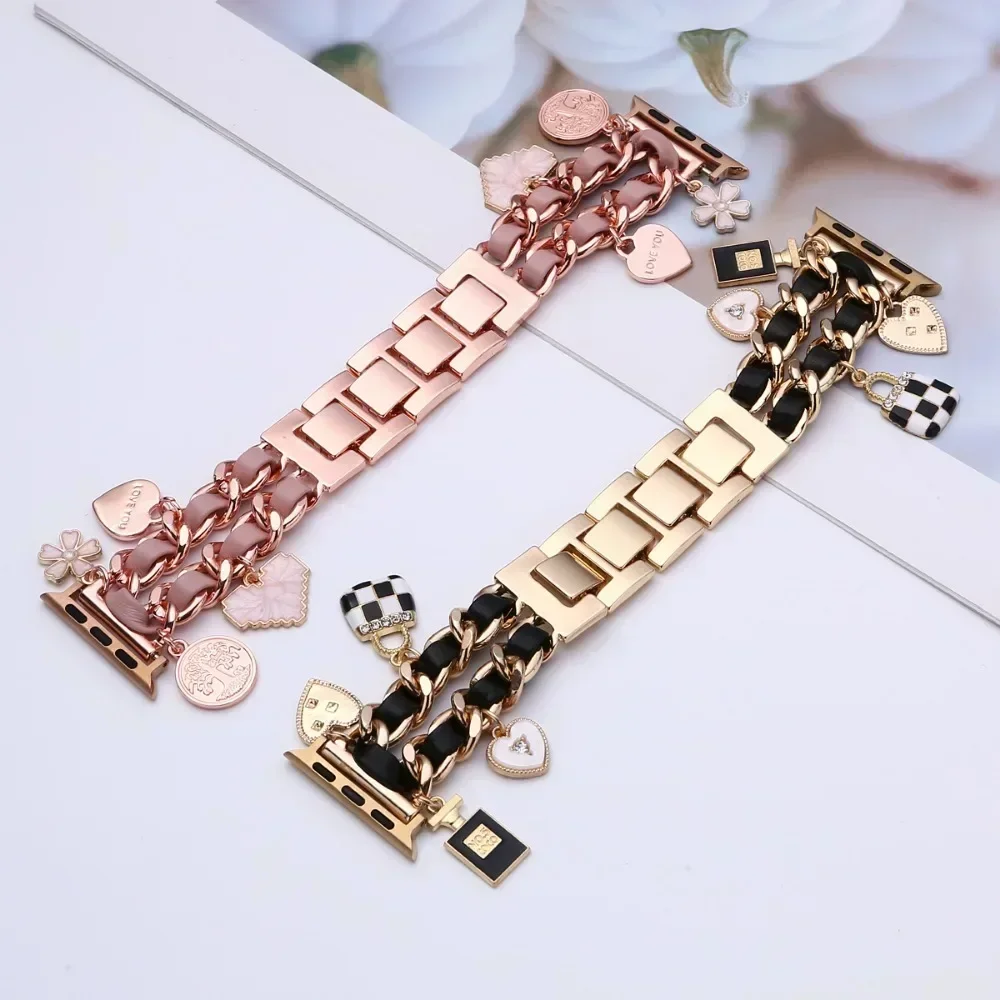 Women Metal+leather Strap for Apple Watch 10 42mm 46mm 9 8 7 41mm 45mm Cute Bracelet for Iwatch Series 6 5 Se 44mm 38 40mm Band