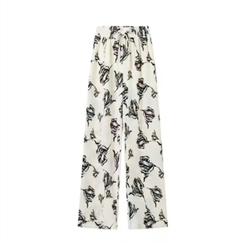 

Casual Flower Straight Pants Women Chinese Style Drawstring Wide Leg Pants Trousers Thin High Waist Pants Spring Summer