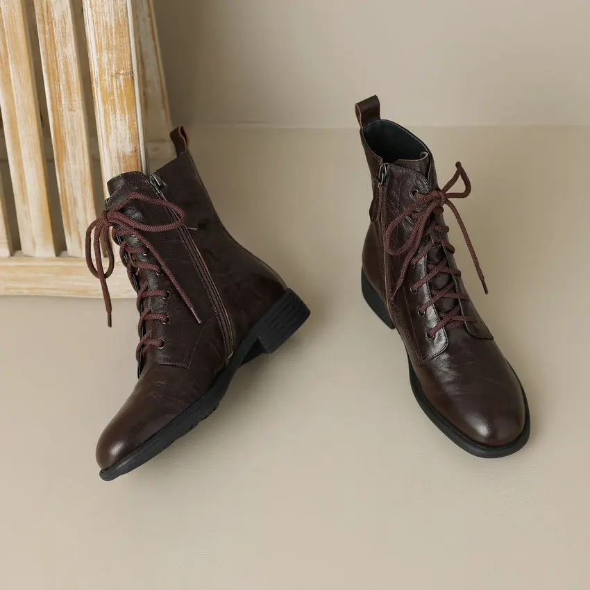 Qutaa 2024 retro gekreuzte Frauen Stiefeletten dicke niedrige Absätze Echt leder Reiß verschluss Schuhe Frau Herbst Winter Größe 34-39