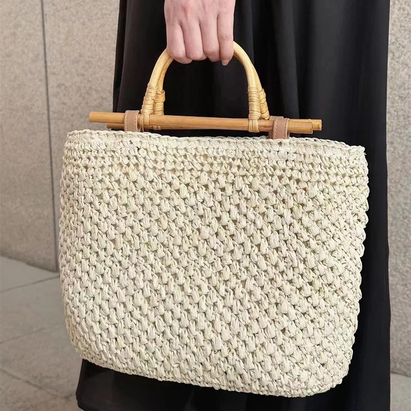 Wooden Handle Straw Bag Handmade Paper Rope Woven Handbags Bohemian Bali Travel Beach Bags for Women 2024 Hollow Shopper Tote