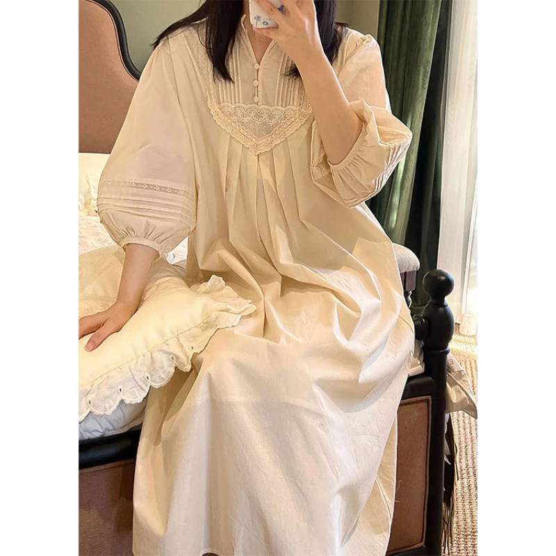 Vintage Pure Cotton Long Night Dress Women Spring Autumn Nightie Loose Robe Victorian Nightgowns Princess Sleepwear Nightdress