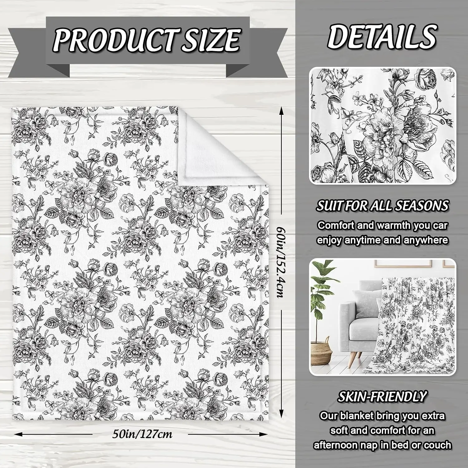 Monochrome Hand Drawn Blooming Flower Warm Fleece Blanket, Thick Soft Fabric Travel Living Room Bed Cold Weather Warm Retention