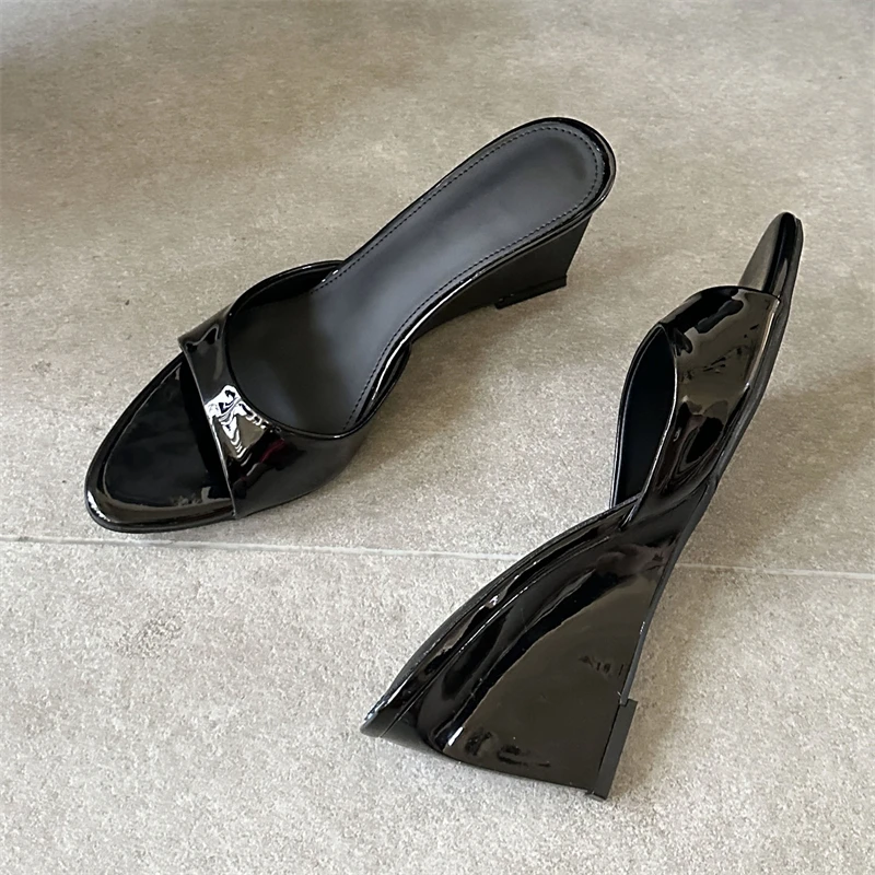 Aneikeh Black Patent Leather Wedge Heel Slide Sandals Women Summer Open Toe Mules Slippers Elegant Party Dress Shoes Size 35-40