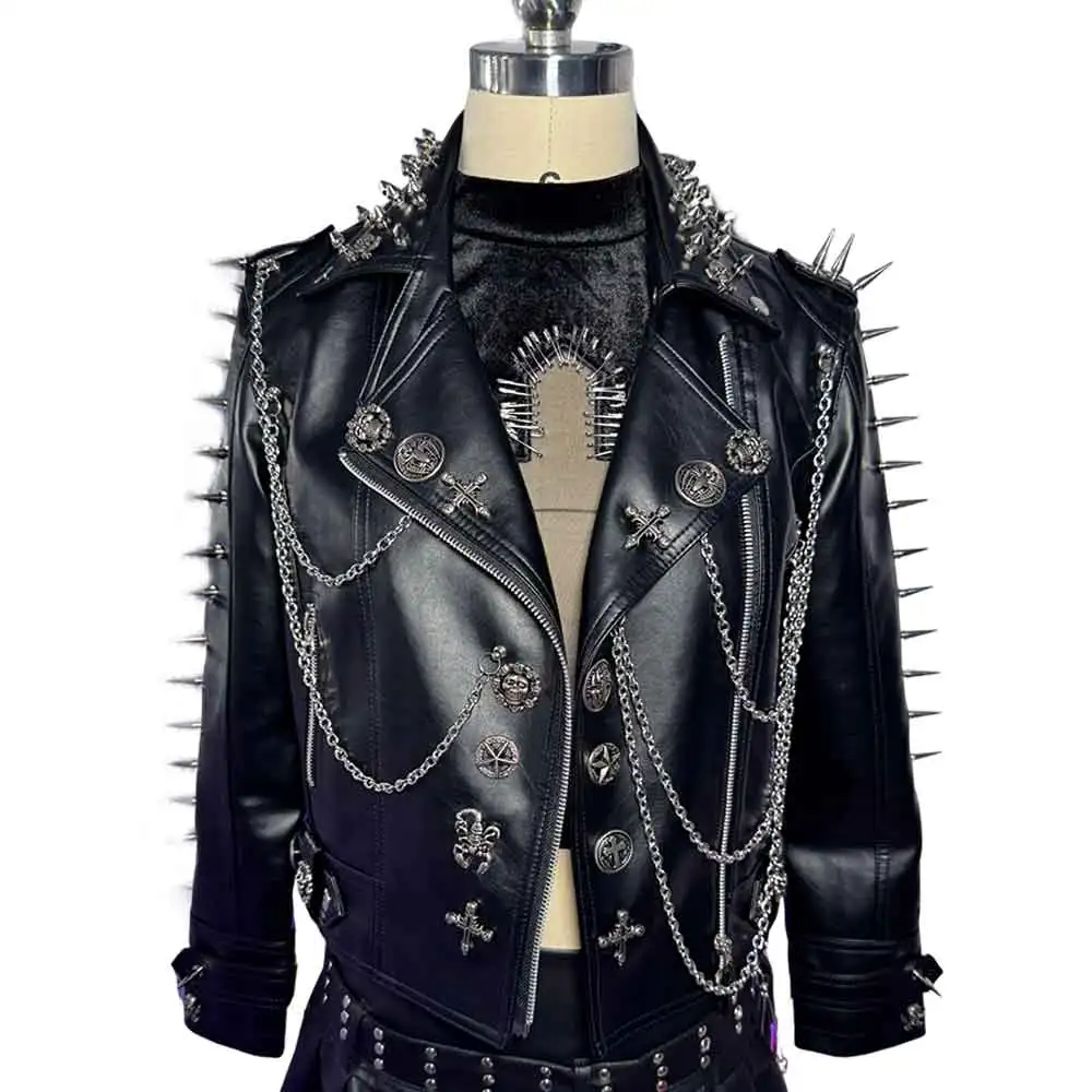 Gothic E-Girls Digital Glitch Core Skull Trendy Punk Rock Harajuku Chain Cross Street Wear Goth Y2K PU Leather Jacket Club Wear