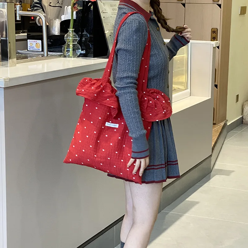 All-match Wave Point Chiffon Shoulder Bag Large Capacity Fairy Mesh Handbag Commuting Bag Korean Style Tote Bag Women image 4