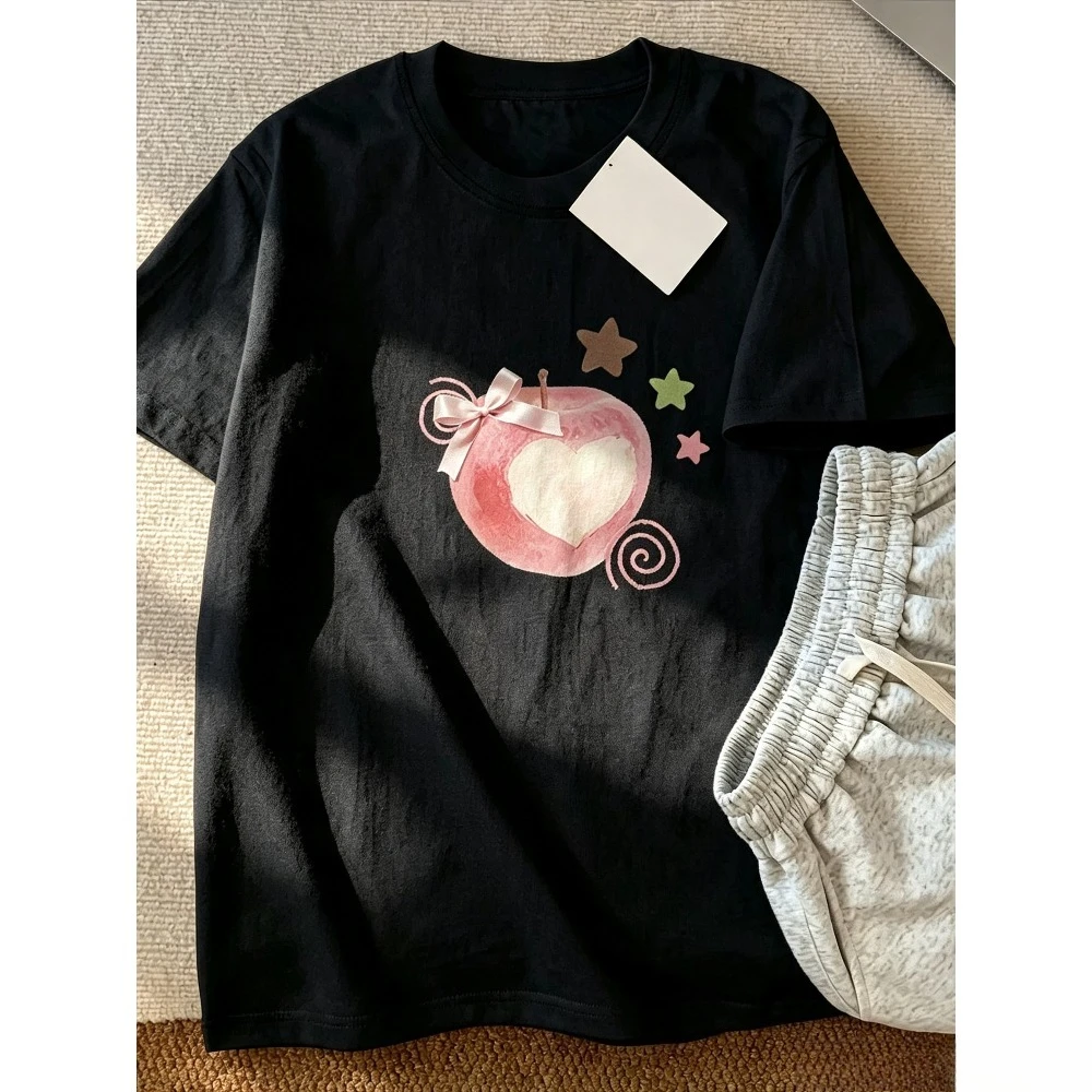 Coquette Aesthetic Pink Heart Apple Graphic T‑shirt Bow Star Pastel Printed Round Neck Short Sleeve Oversized Casual Tees Unisex