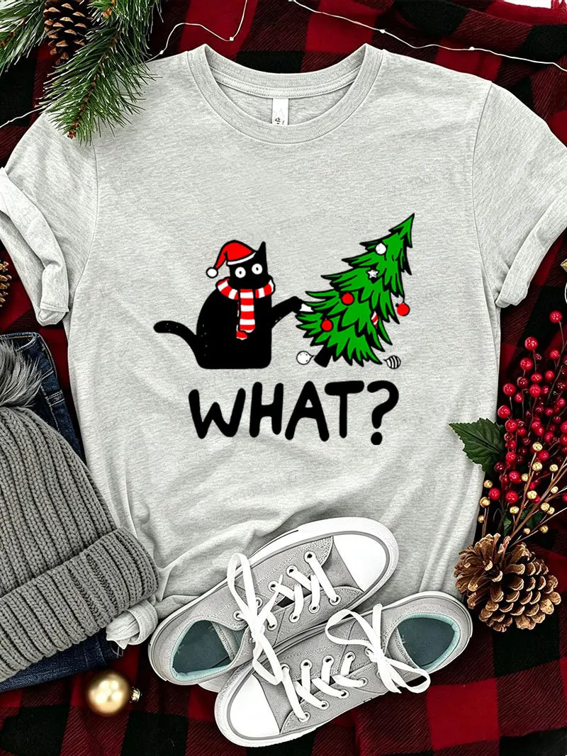 Christmas Funny What Black Cat Graphic T-shirt Women Men Cartoon Cat Xmas Tree Print Short Sleeve Tee Xmas Holiday Clothing Gift