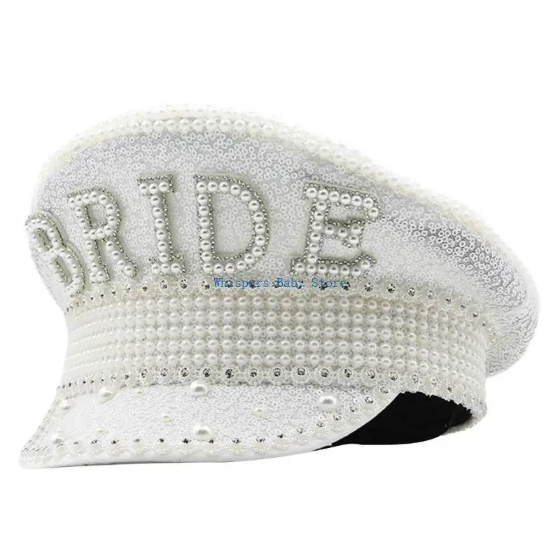U90E Bridal Hat Captain Hat Shining Pearls Gleaming Sailor Cosplay Hat for Bride