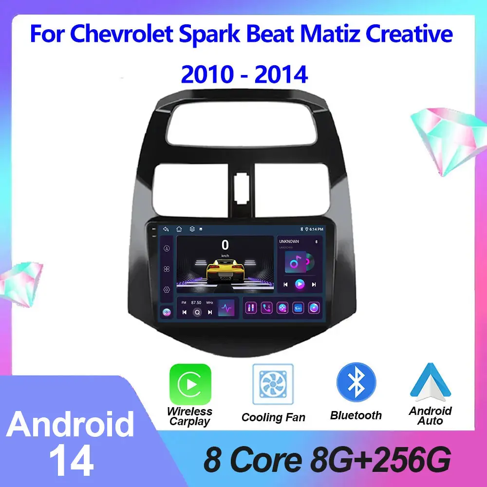 

Автомобильная стереомагнитола 9 дюймов для Chevrolet Spark Beat Matiz Creative 2010 - 2014 Android 14 Carplay Multimidia, видеоплеер, головное устройство