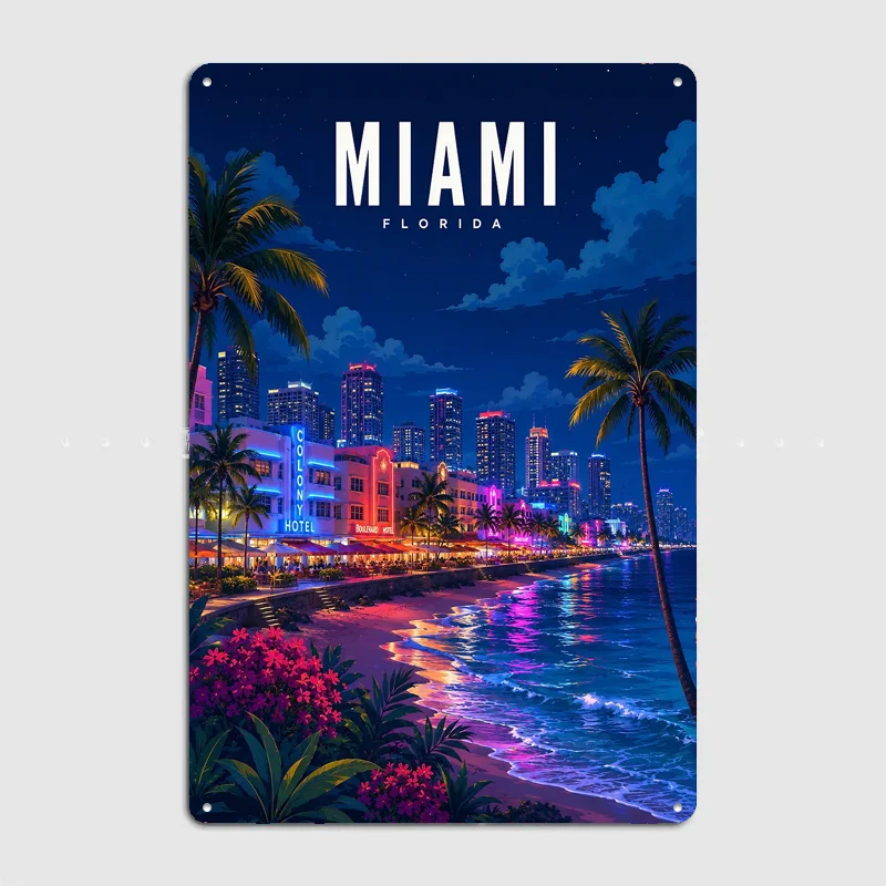 Miami, Florida Night Beach, Travel Poster Metal Custom Sign Living Room Indoor Decor Room Decoration Bedroom Posters Home Decor