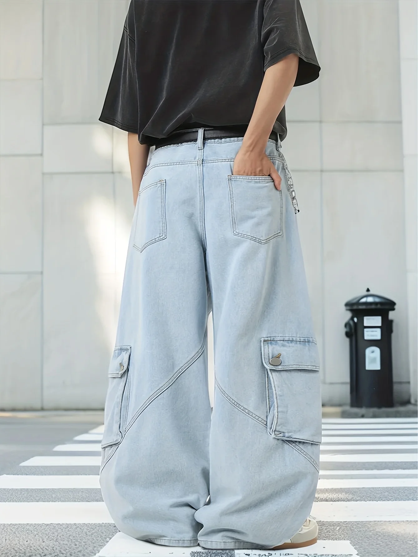 Men's Washed Distressed Blue Baggy Wide Pants, Deconstructed Patchwork Men's Loose Wide-Leg Jeans, Belt/Accessories Not Included