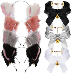 Cat Ears Bow Headband Necklace Rabbit Plush Furry Animal Ears Hairband for Girl Women Masquerade Party Headwear Hair Accessories