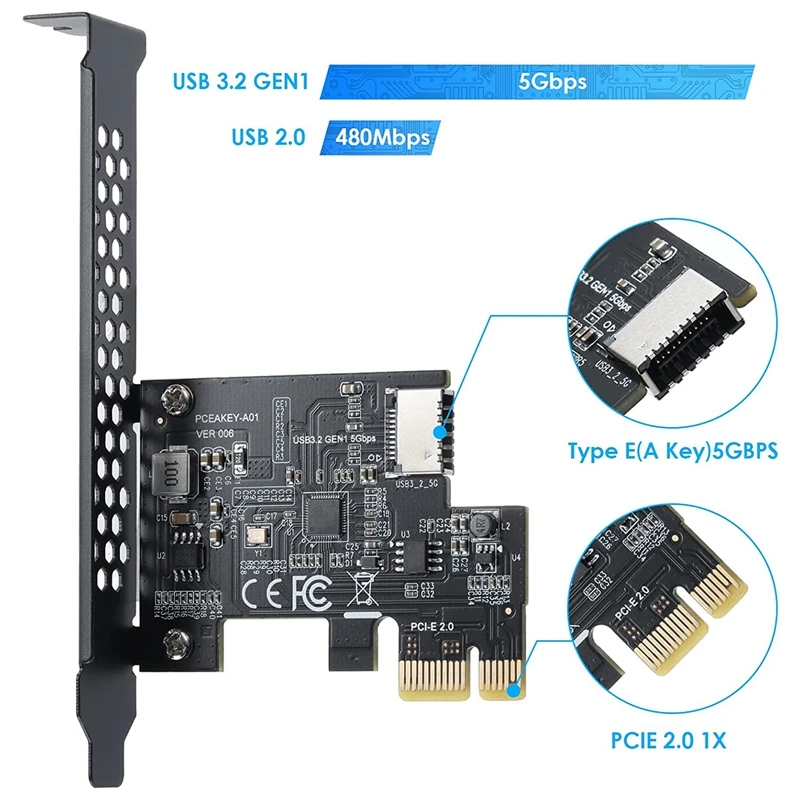 PCI-E 1X Ke USB 3.2 GEN1 5Gbps Kartu Ekspansi Tipe-e A-key, Antarmuka Tipe C Panel Depan untuk PC Desktop (ASM1042A)