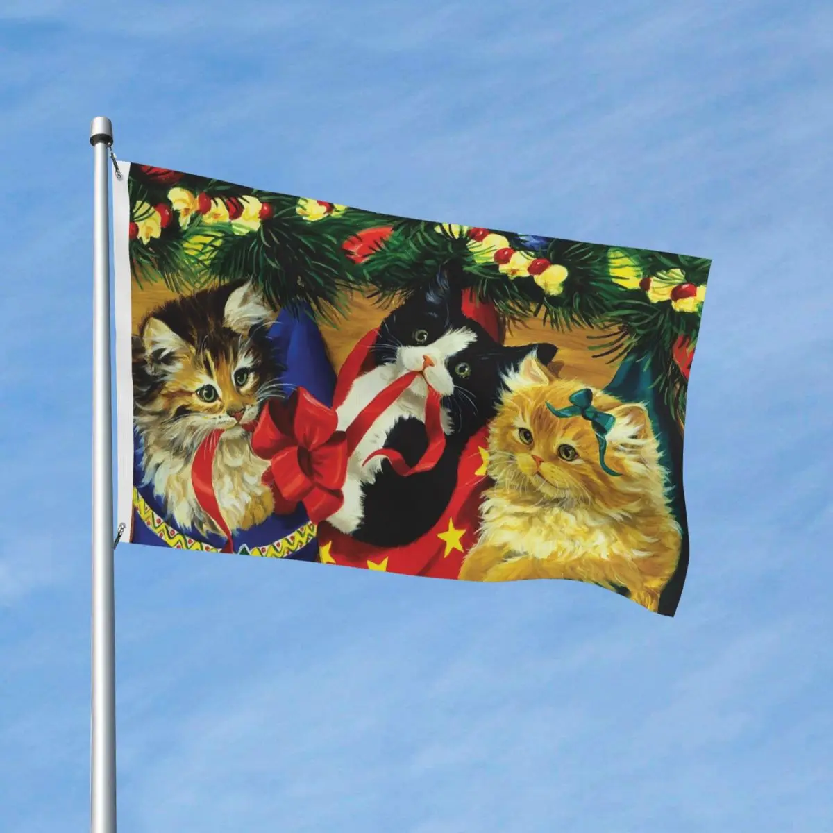 Merry Christmas Flag Double Sided Outdoor Banner New Year Cute Cat Polyester Home Room Dorm Wall Decor 3x5 FT