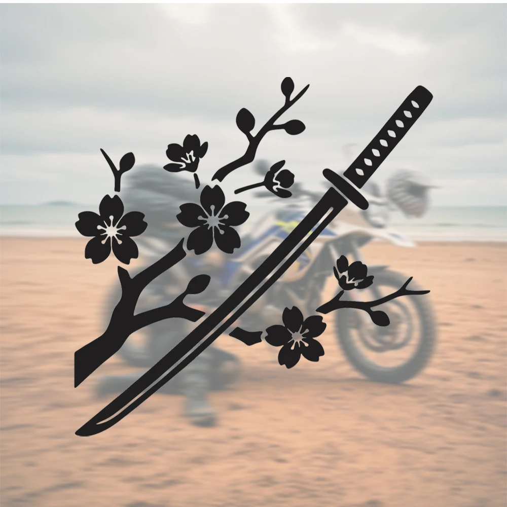 Black Katana Sword Cherry Blossom Sakura Flower Branch Car Motorcycle Vinyl Car Decal Sticker