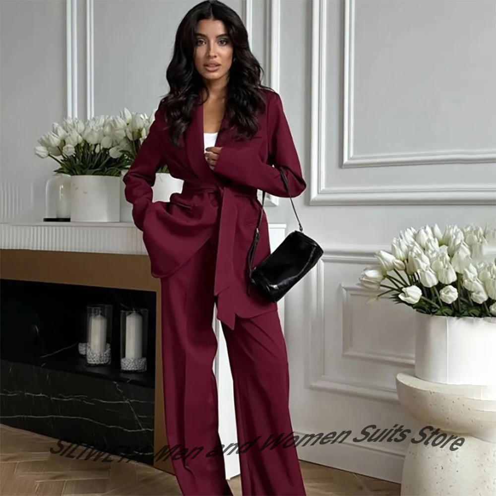 

Elegant Burgundy Belted Two-Piece Suit for Women Professional Office Lady Set(Jacket+Pants) Formal Evening Party Outerwears