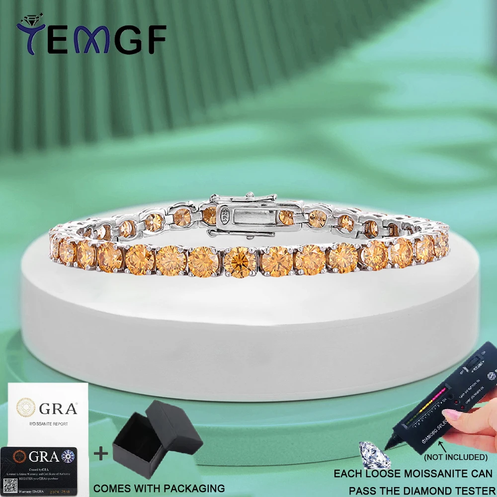 

Браслет TEMGF с муассанитом цвета шампанского, цепочка из стерлингового серебра 925 пробы для женщин и девочек, роскошные сверкающие ювелирные изделия, сертификация GRA
