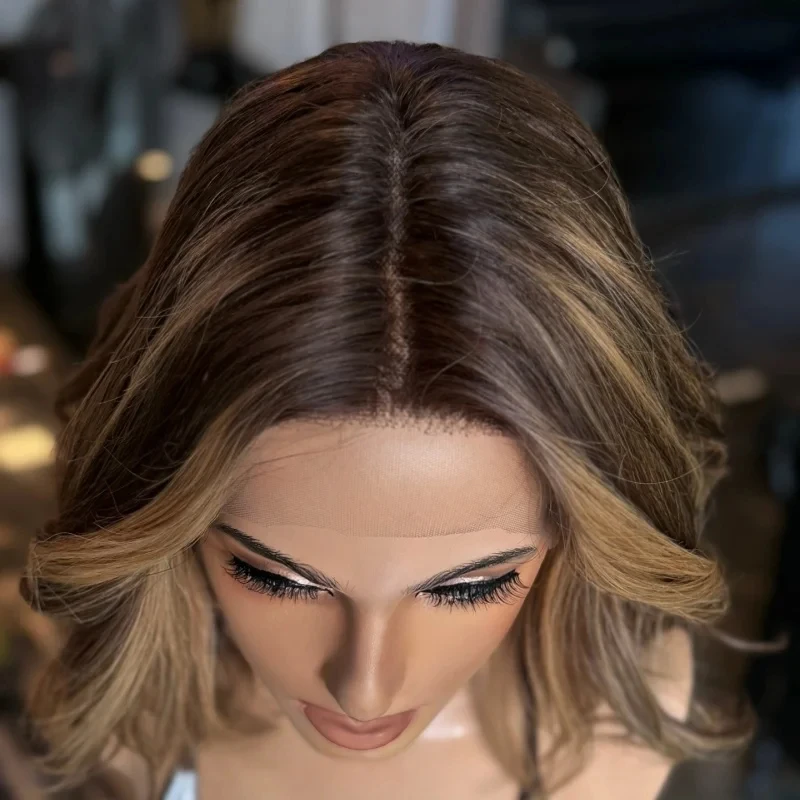 

Blonde Brown Wigs Highlight Honey 13x4 Lace Front Wig Short Wave Bob Style Synthetic Fiber Hair 12 Inch Pre Plucked Hairline