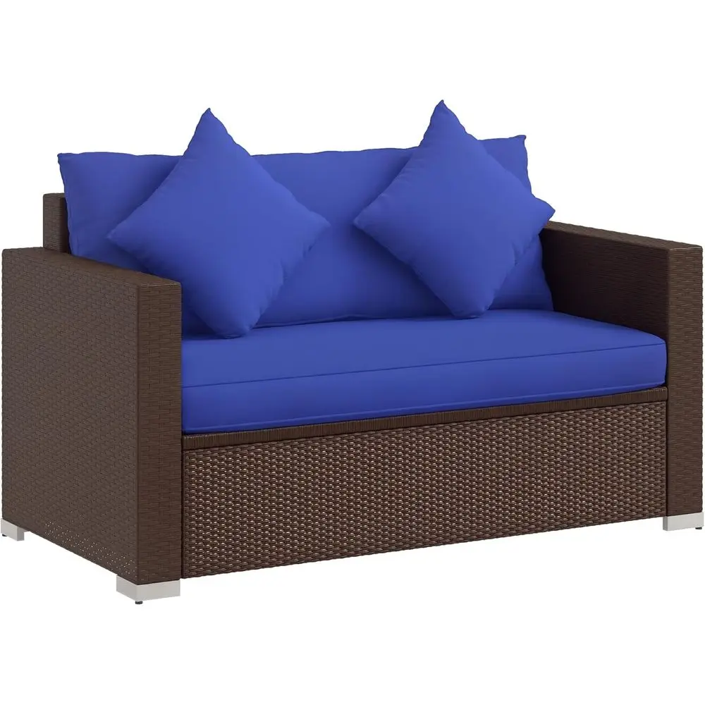 

Синяя двухместная уличная кушетка из ротанга PE с подушками и декоративными подушками для патио, веранды, заднего двора или зоны у бассейна