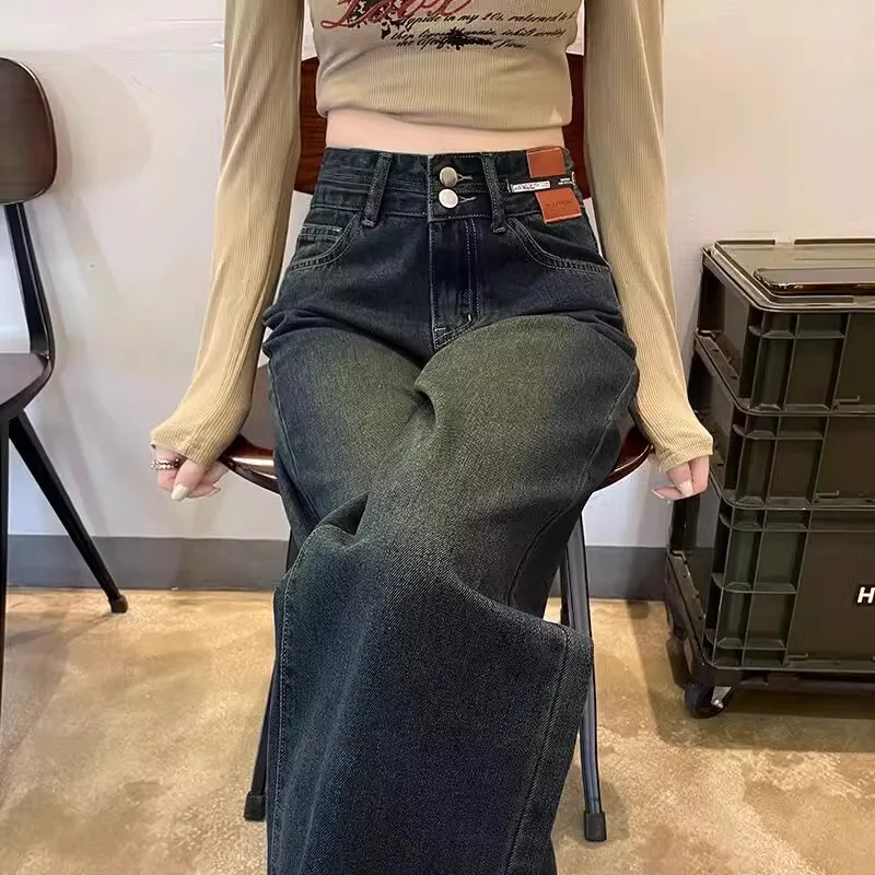 

Женские джинсы с высокой талией и широкими штанинами, весна-осень, большие размеры, новые, ретро, скрывающие недостатки фигуры, длинные прямые джинсы-трубы