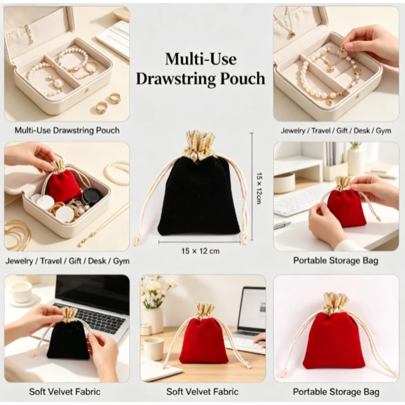 Velvet Drawstring Pouches, Soft Velvet Jewelry Packaging Bags, Custom Logo Velvet Drawstring Bags for Jewelry Storage