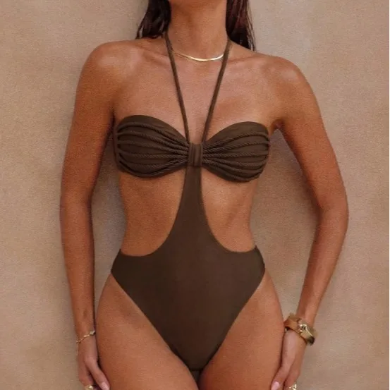 Women Dark Brown Pleated Halter One Piece Suits Swimsuit Cutout High Cut Backless Bikinis Bodycon Beach Swimwear Sportswear