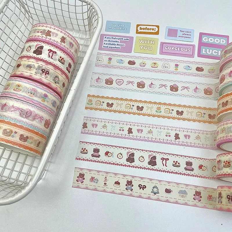 6roll/lot Korean Ins Cute Bear Solid Color Washi Tape Hand Account Decorative Tape Collage Planner DIY School Stationary Sticker