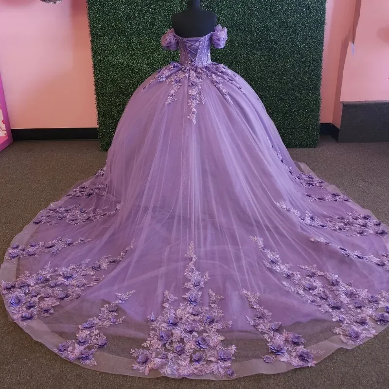 

Lavender Shiny Quinceanera Dress Prom Off the Shoulder Lace Applique Mexican Sweet 16 Vestidos De XV 15 Anos Formal Party Gown