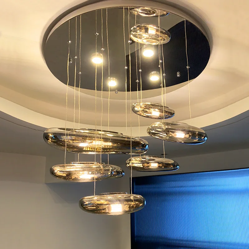 Shiny Silver Glass Ceiling Chandelier LED Modern Pendant Lamp Round Living Room Home Decoration Indoor Luxury Lighting Fixtures