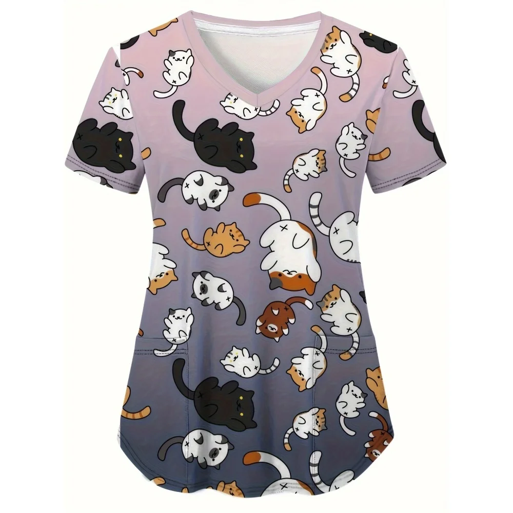 Medical Uniform for Women cute Cat and Dog Print V-Neck Clinical Uniform Short Sleeve Patch Pocket Tops Surgical Uniforms Woman