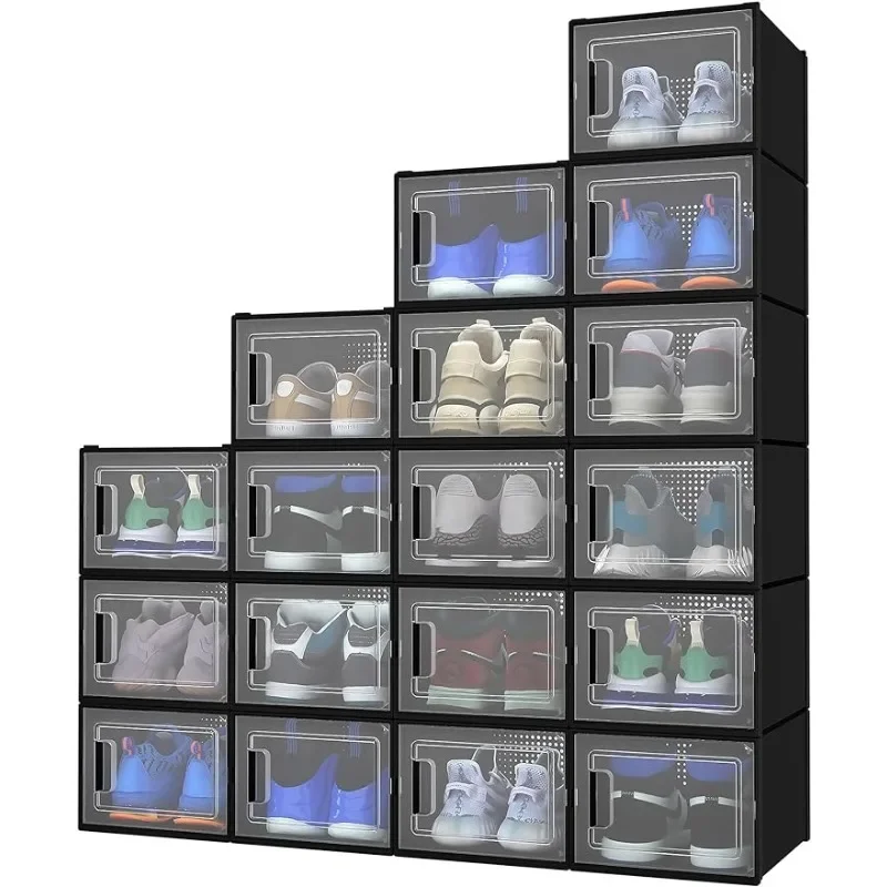 

18 Pack Shoe Storage Organizer, Fit up to US Size 15, Clear Plastic Stackable Shoe Box for Closet, Folding Rack Sneaker