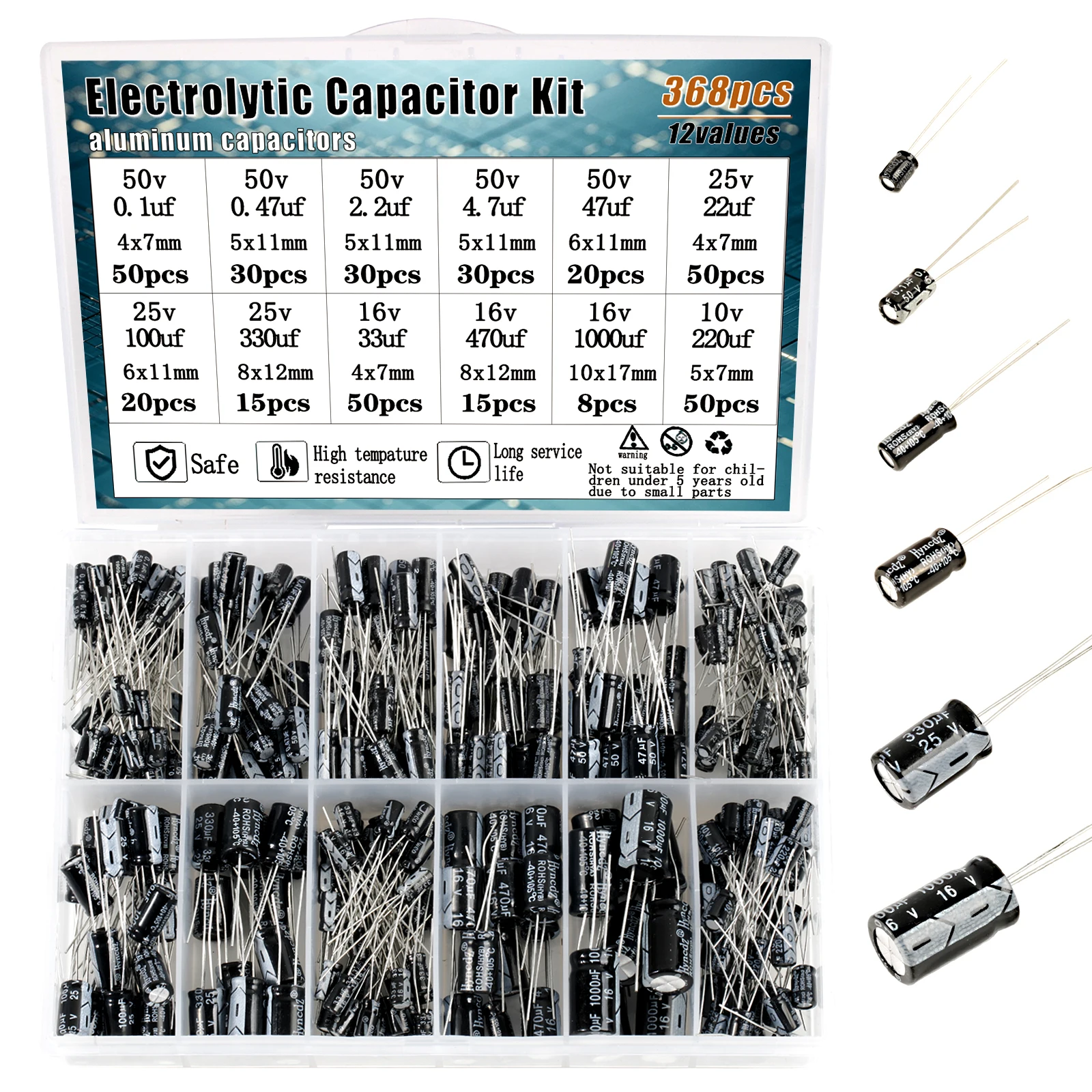 Kit assortimento condensatori elettrolitici in alluminio 12 valori 10v 16v 25v 50v 0,1uf 1uf 2,2uf 33uf 47uf 220uf 470uf 680uf 1000uf