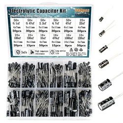 Kit assortimento condensatori elettrolitici in alluminio 12 valori 10v 16v 25v 50v 0,1uf 1uf 2,2uf 33uf 47uf 220uf 470uf 680uf 1000uf