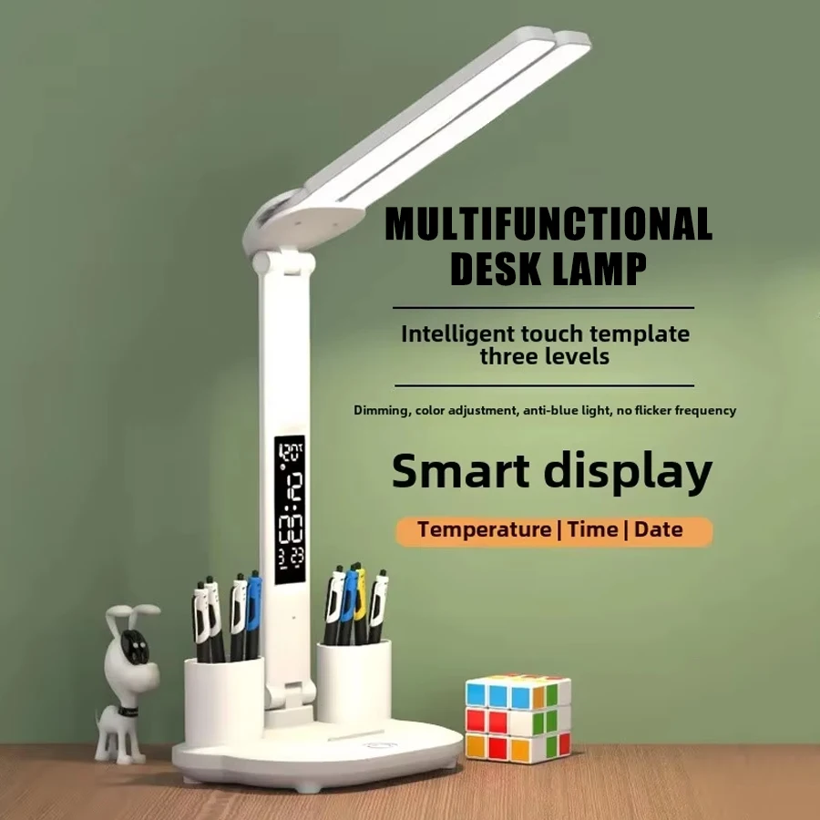 

Multifunction 3 Color LED Table Lamp 2 Headed Folding Clock Desk Lamp Type-c Charging Eye Protection Bedside Reading Night Light