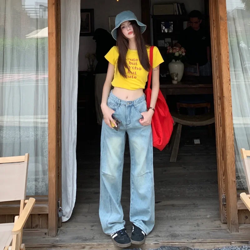 Jeans de perna larga com emenda de cintura alta azul claro lavado, verão feminino novo simples confortável solto e casual até o chão jeans