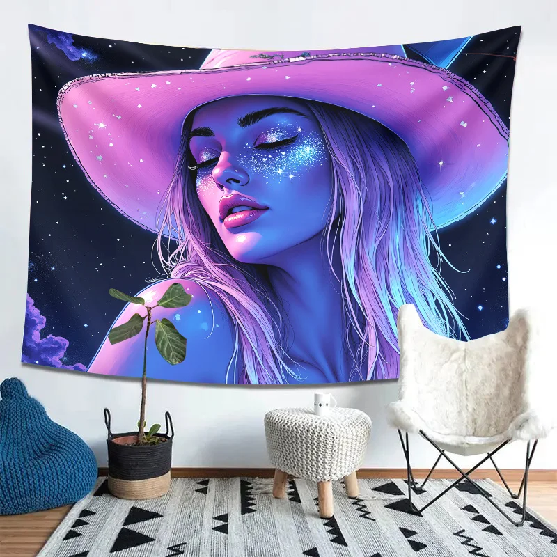 Cosmic Girl Tapestry - Dreamy Space Woman with Hat, Starry Night Sky Art, Fantasy Wall Decor, Polyester, Multiple Sizes