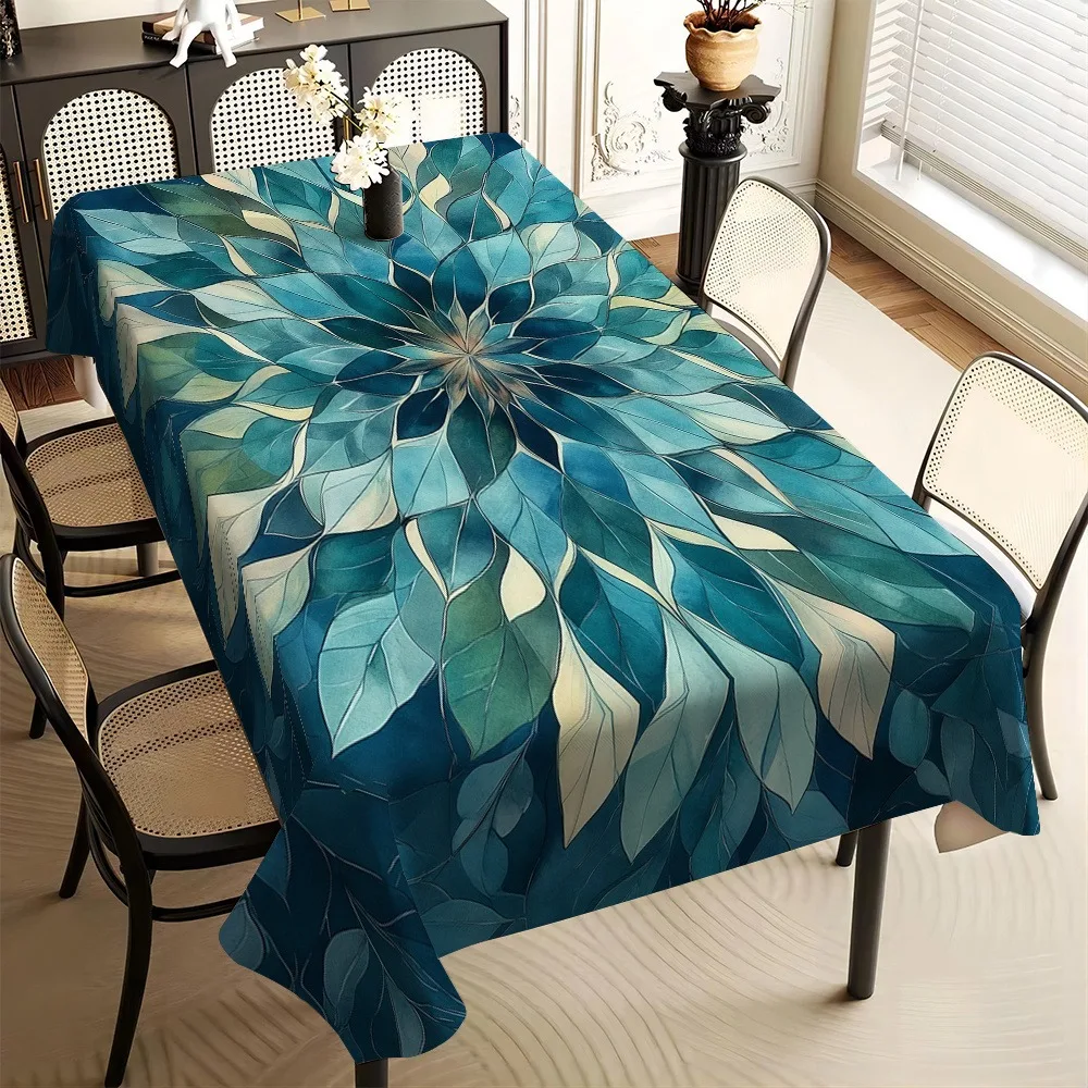 Tablecloth 1pc with Teal Artistic Leaves Pattern, Durable, Easy to Clean, Beautiful Tablecloth Mat, Polyester Fiber One-Piece Se