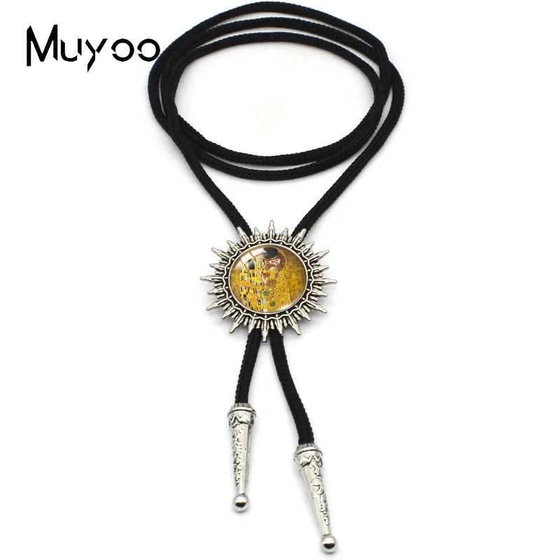 BOLO-00182 New Fashion Gustav Klimt Kiss Oil Paintings  Handcraft Glass Dome Bolo Tie Necktie Pendant Jewelry Necklace