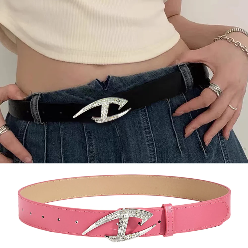 

Rhinestone Buckle Waist Strap Alloy With Diamonds Waist Belt Solid Color PU Leather Belt Y2k Streetwear Punk Fashion Chic DIY