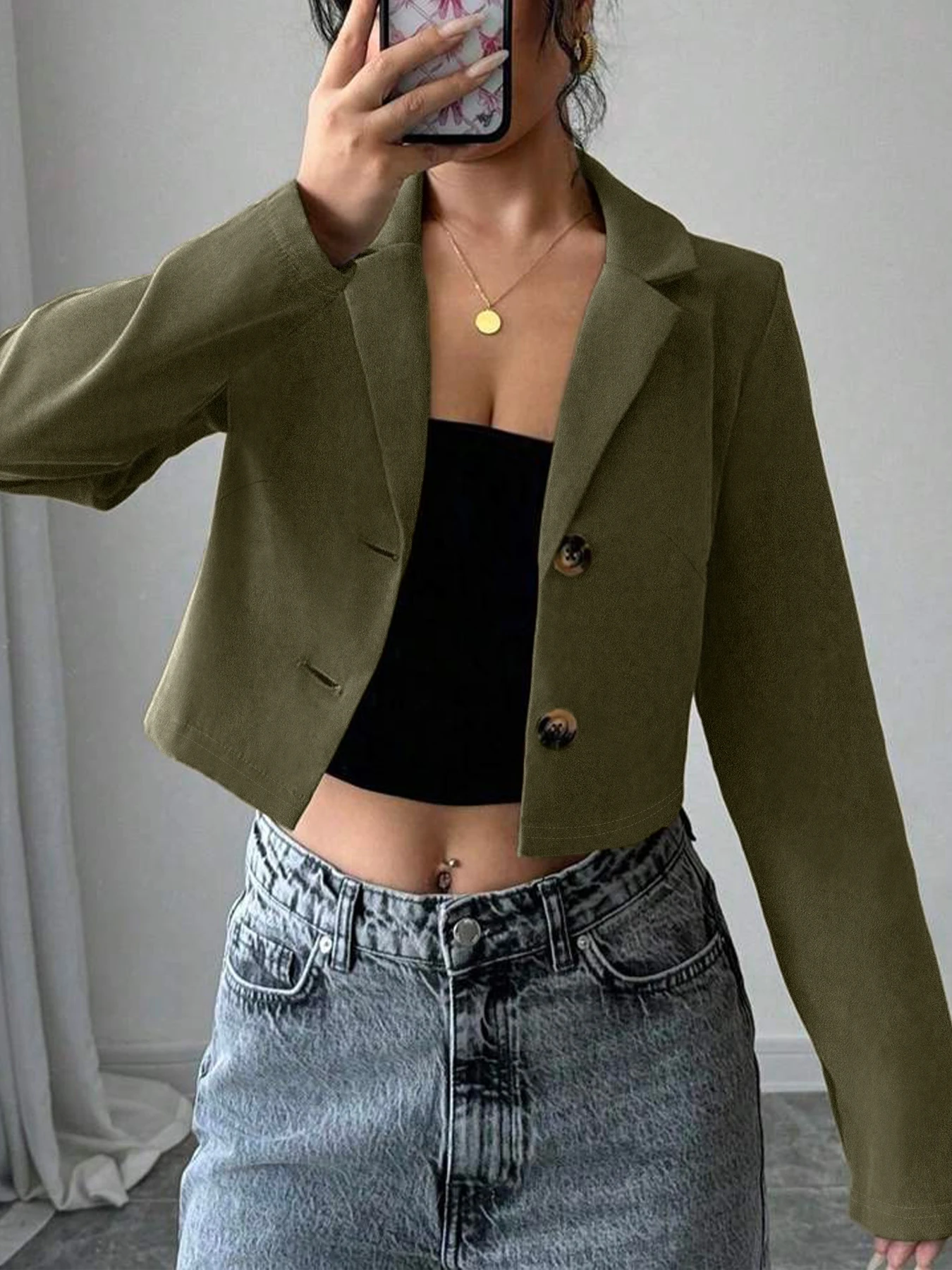 سترة نسائية لخريف 2025 للترفيه بتصميم عتيق باللون الأخضر الزيتوني الداكن مقصوصة بقصة ضيقة ومتعددة الاستخدامات للعمل/مزاج أنيق يوميًا #2