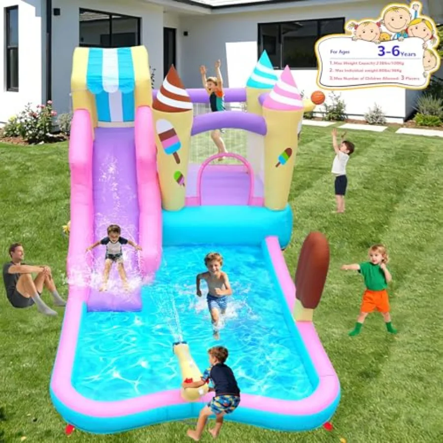 Inflatable Water Slide Bounce House for outdoor play, PVC material, pastel blue and pink, 8-in-1 water park with cannon, climbi