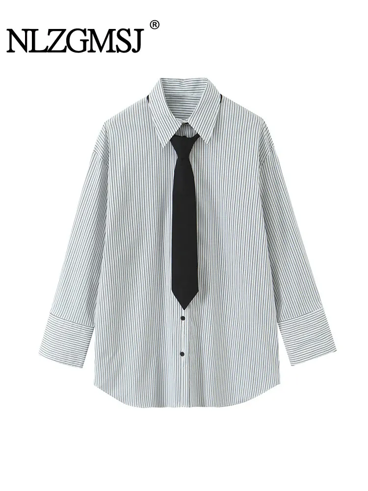 

TRAF Casual Striped Printed Shirt Top With Tie Women's Shirt Loose College Style Shirts For Women 2025 New Long Sleeve Shirt