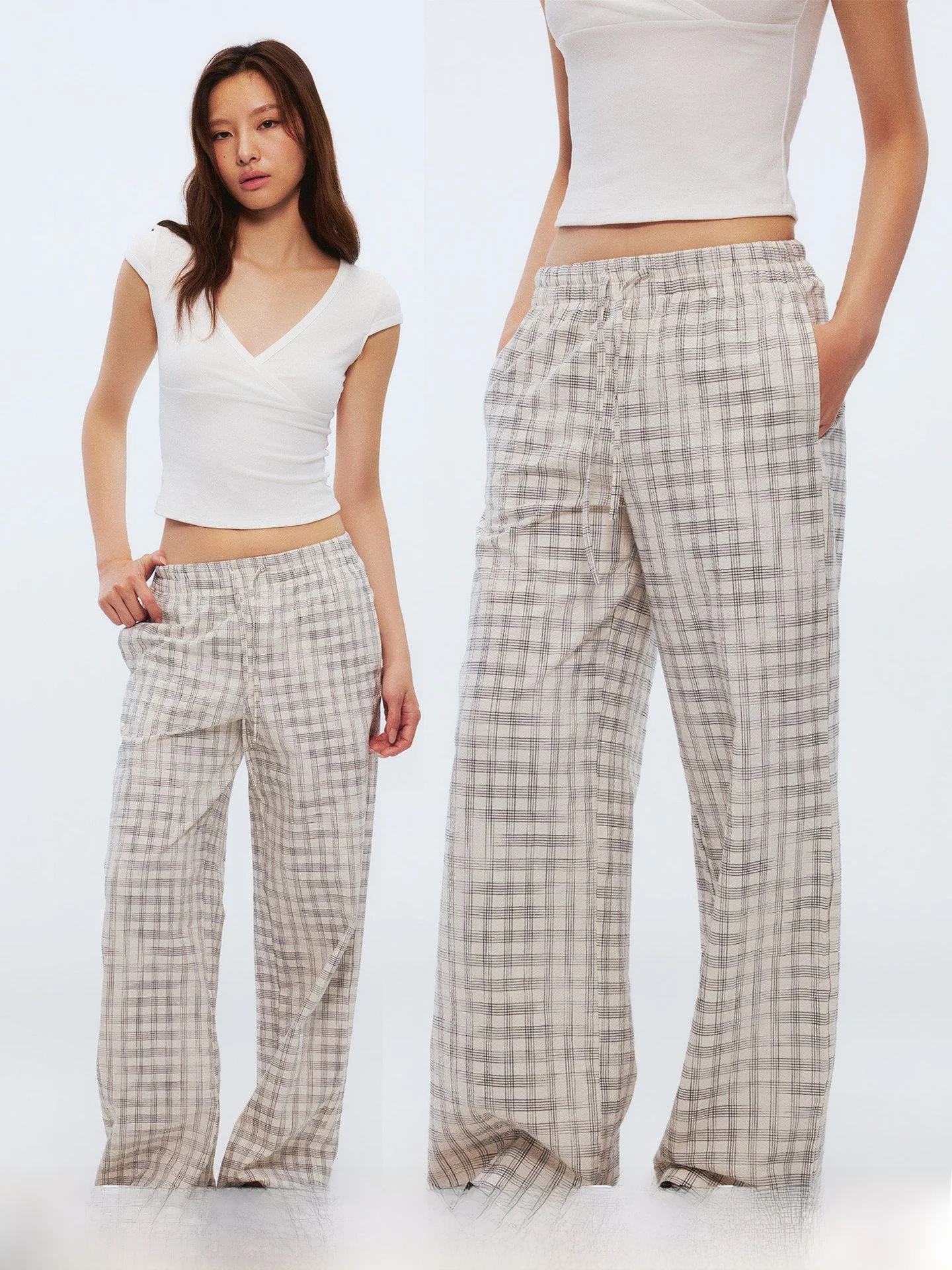 Heyabc Vintage Plaid Bubble Women Summer American Drape Loose Match All Casual Straight Leg Trousers