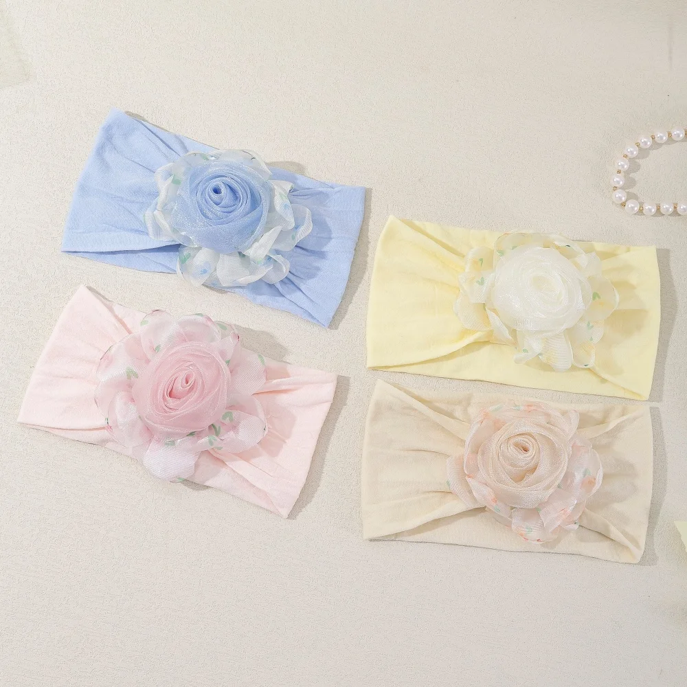 3D Organza Rose Flower Baby Headbands Stretch Nylon Hair Wraps Soft Non Slip Headband for Newborn Infant Toddler Baby Girls