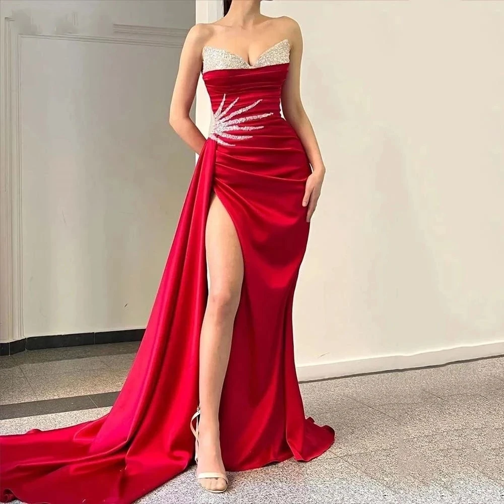 

ANGELSBRIDEP Red V-Neck Arabic Mermaid Evening Party Gown Shiny Sequined Women Bodycon Prom Gowns Slit Formal Pageant Dress HOT