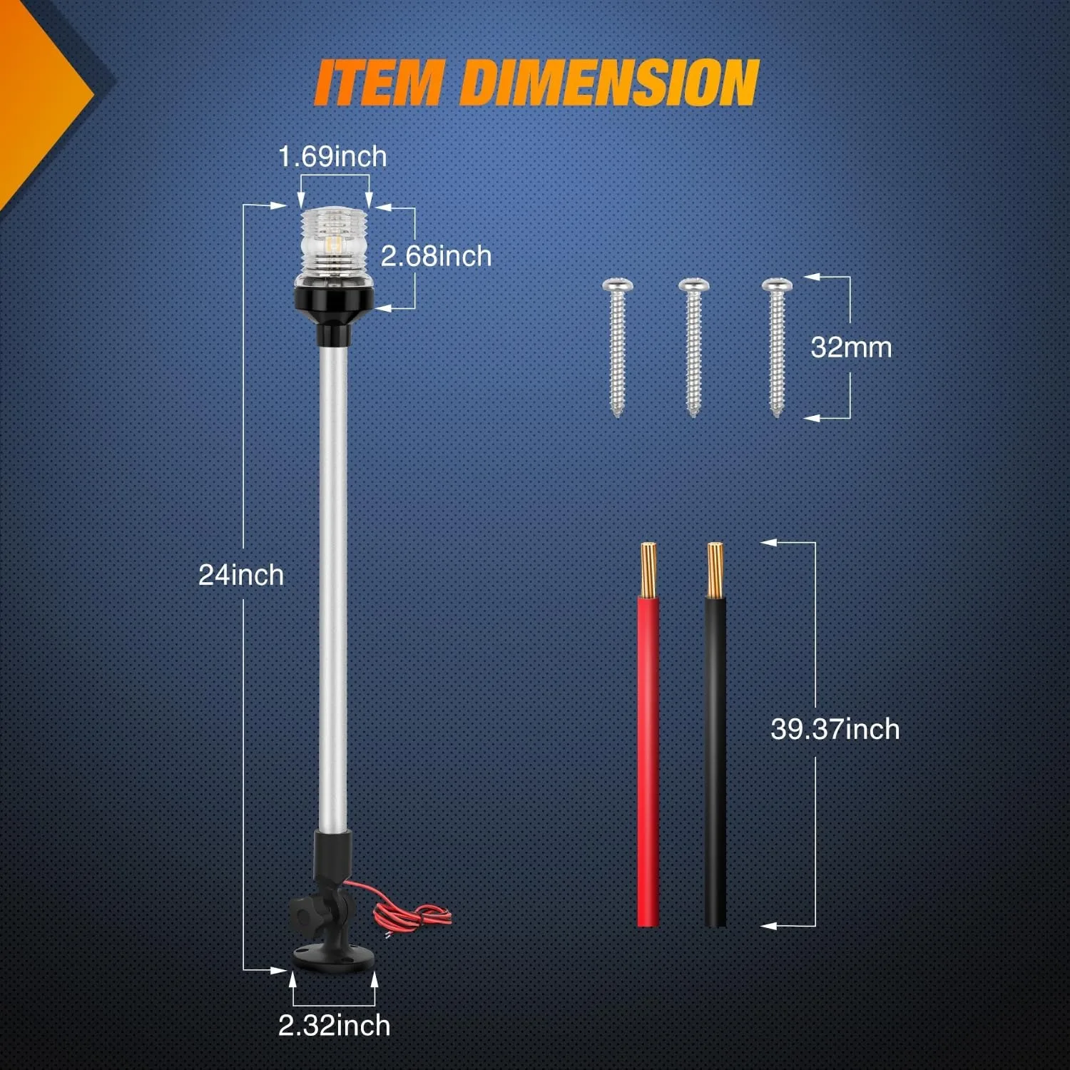 Nilight Marine Boat Stern Light 24Inch White Fold Down Anchor Lights 12V 24V Waterproof 360° Lighting Navigation Lamp for Fishing Ship Sailboat Yacht Pontoon Speedboat Dinghy